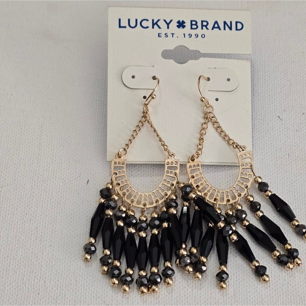 Lucky brand Black and Gold Tassel Chandelier Dangle Drop Earrings